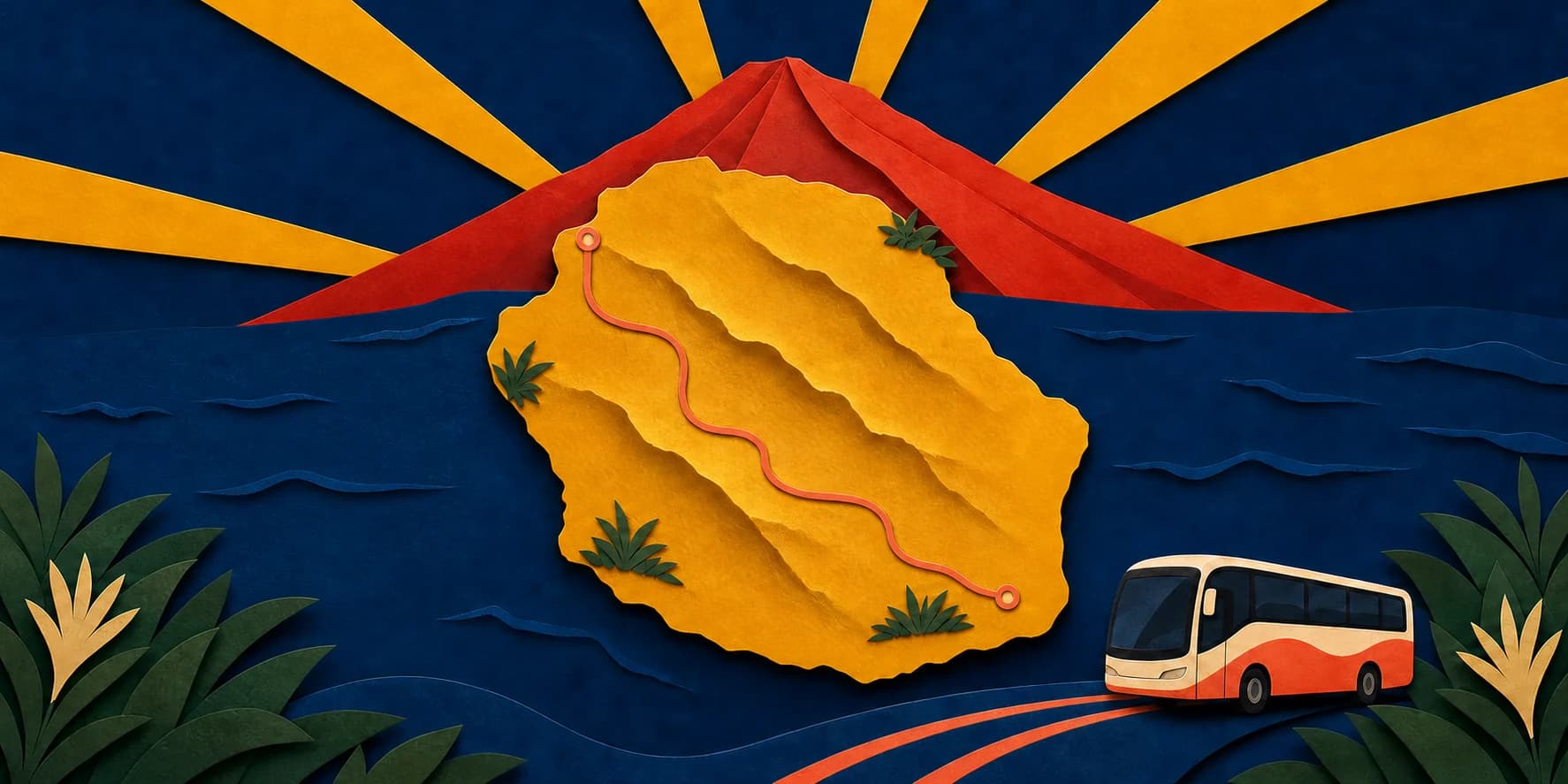 Illustration des transports à La Réunion avec un bus et la carte du territoire
